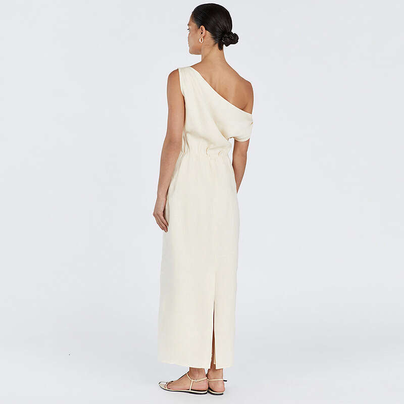 Australian Niche Dissh Linen Dress with Asymmetrical and Sexy One Shoulder Long Skirt Temperament Sexy Waist Short SKINNY DRESS Silk Dress
