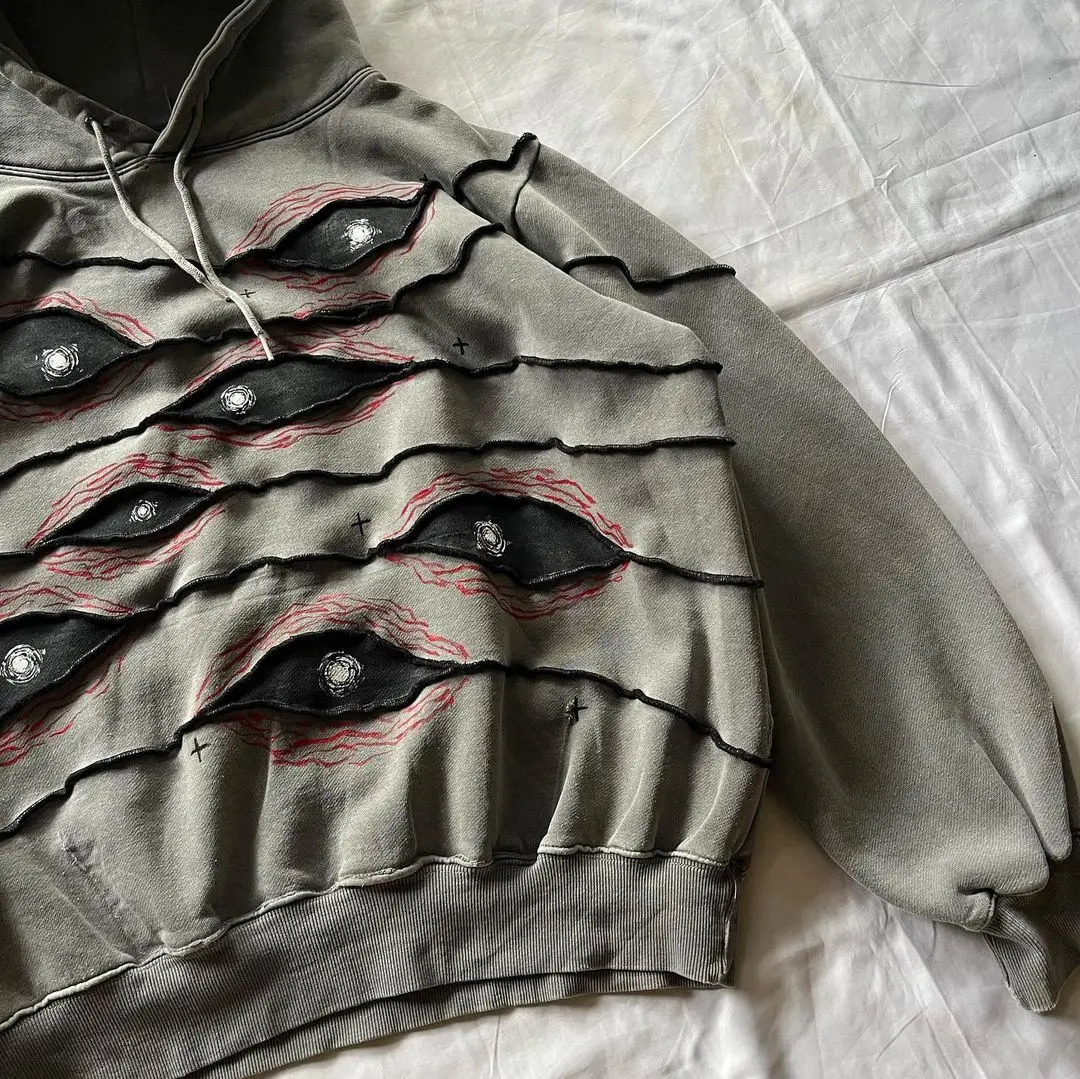 Y2K Hoodie Hip Hop Gothic Retro Eye Patchwork Gray Loose Pullover for Men and Women Fashion Harajuku Streetwear Casual Tops