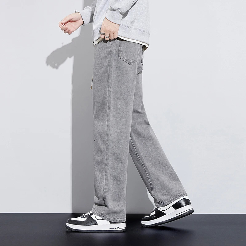 Jeans For Men Baggy Pants Men Trousers Wide Leg Jeans Loose Fit Light Grey Drawsting Elastic Waist Man Clothing Streetwear Homme 240712