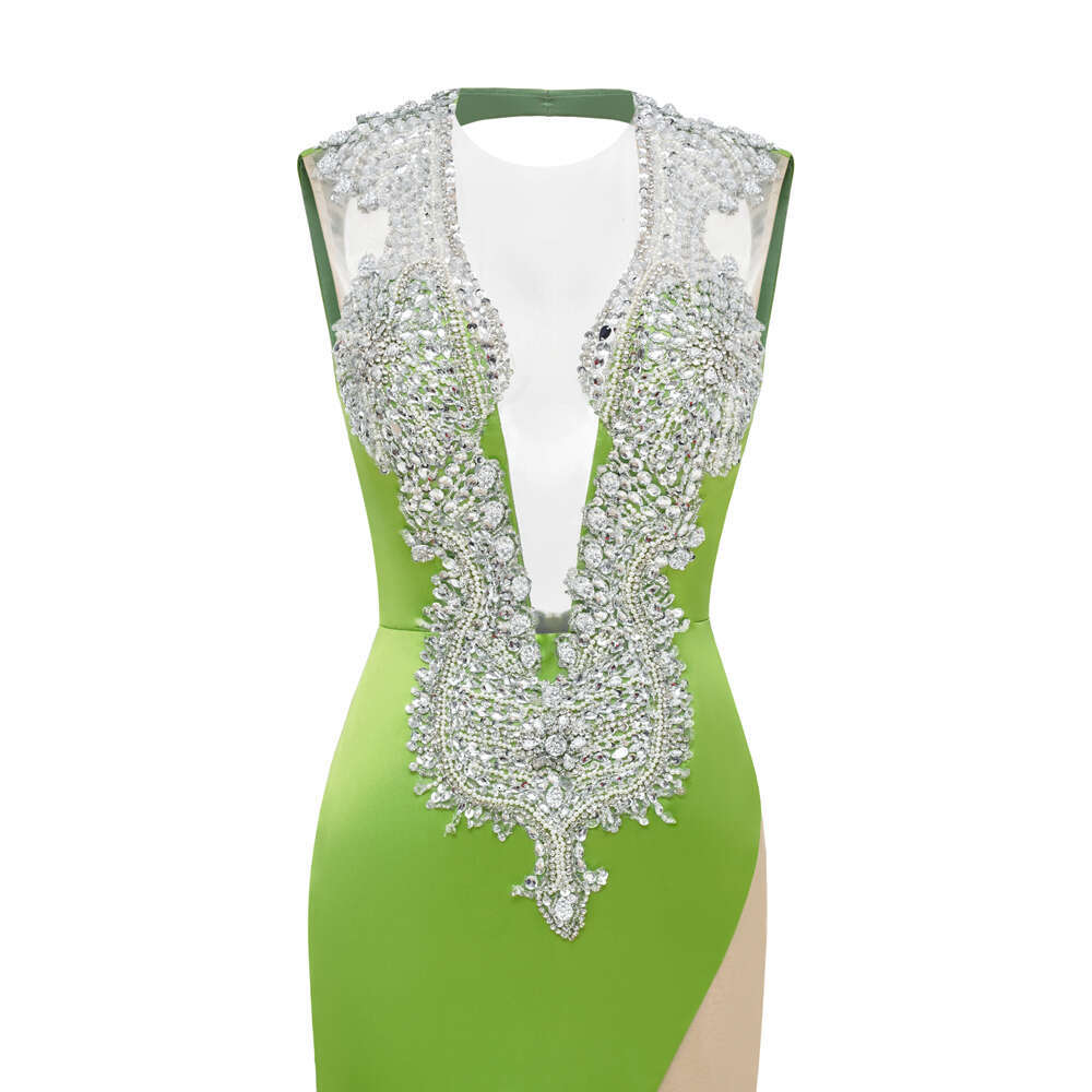 Vintage Green Satin Evening Dress Crystal Illusion Sequined Beaded Backless Cut Out V Neck Formal Party Prom Gown Robe De Soiree