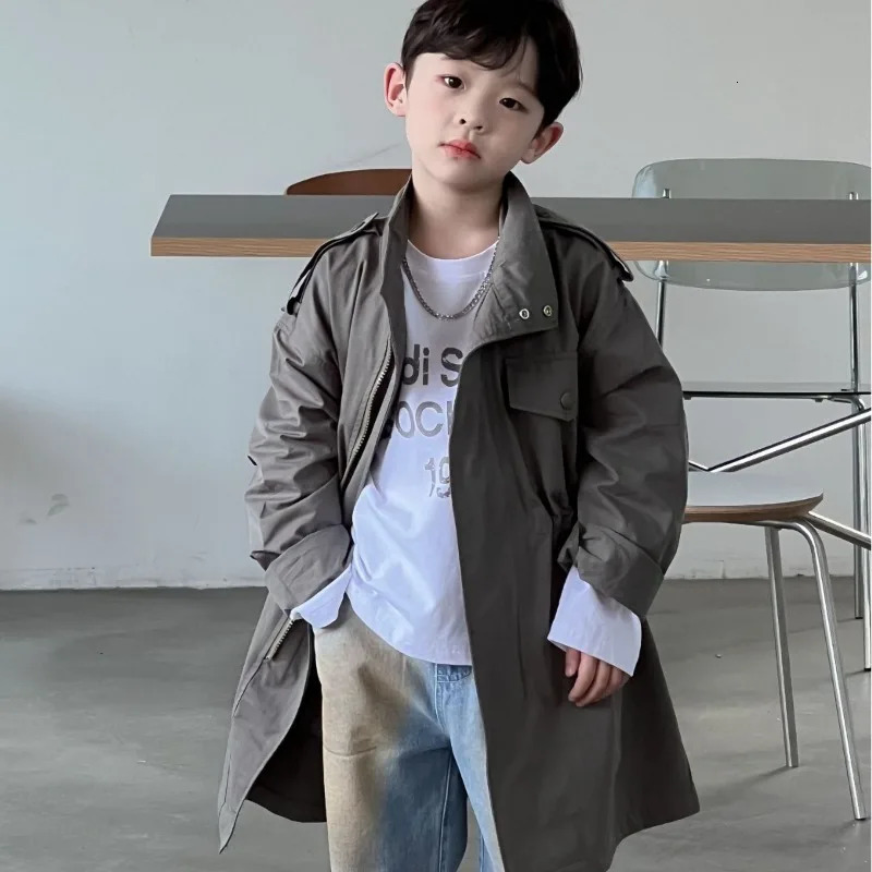 Spring boys solid color Workwear style long style trench jackets children casual loose wind coats 240711