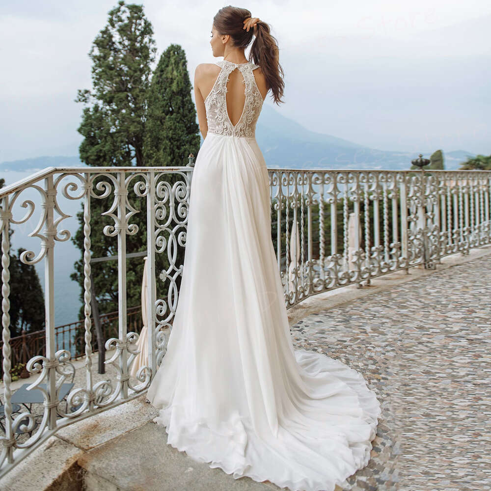 New Modern Halter Neck A Line Women's Wedding Dresses Simple Appliques Lace Bride Gowns Sexy Sleeveless Beach Vestidos De Novia 0719