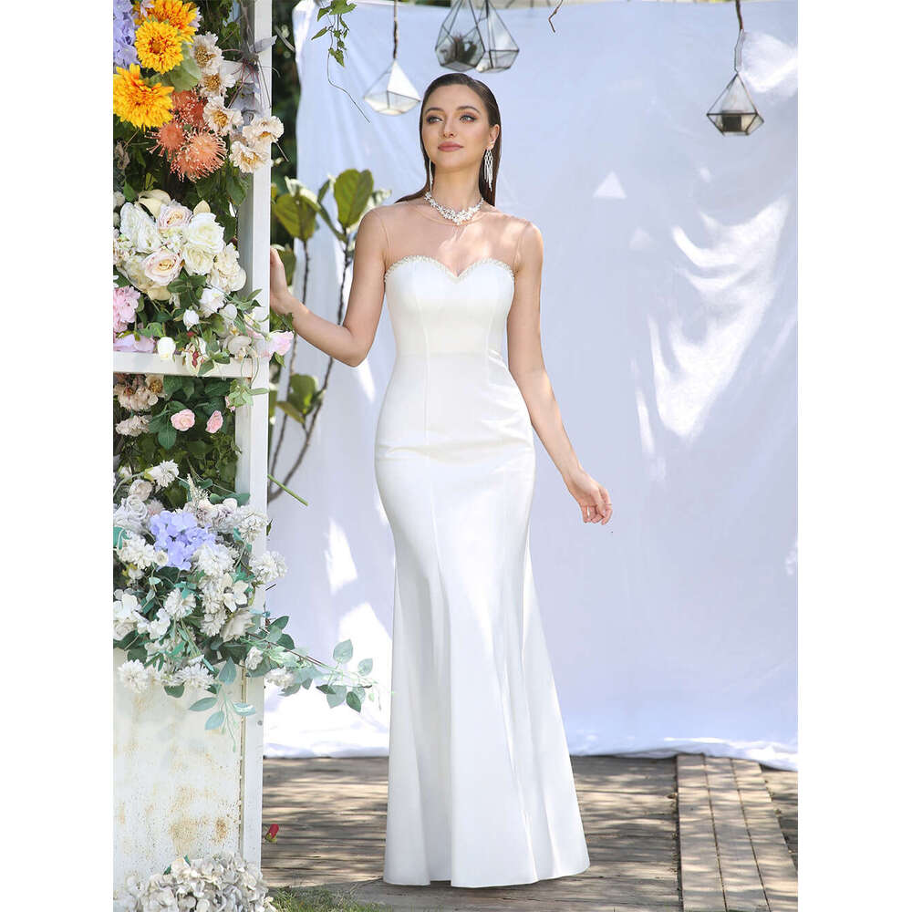 Simple Pearls Beach Mermaid Gold Lace Dress A-Line Puffer Short Sleeve V-Neck Pleat Tulle Bridal Gowns for Wedding Party