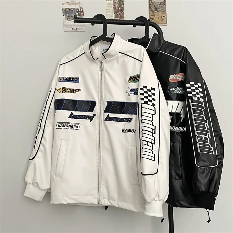 American Letter Embroidered Motorcycle Zippered Jacket Mens Spring and Autumn High Street Hip-hop Loose PU Leather Racing Coat 240716
