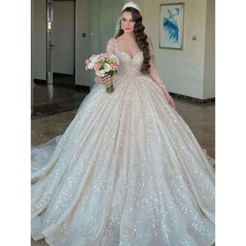 Gorgeous Ivory Sweetheart Ball Sequin Lace Up Wedding Dress Vintage Tulle Long Sleeves Sweep Train Bridal Gown 0227Lz