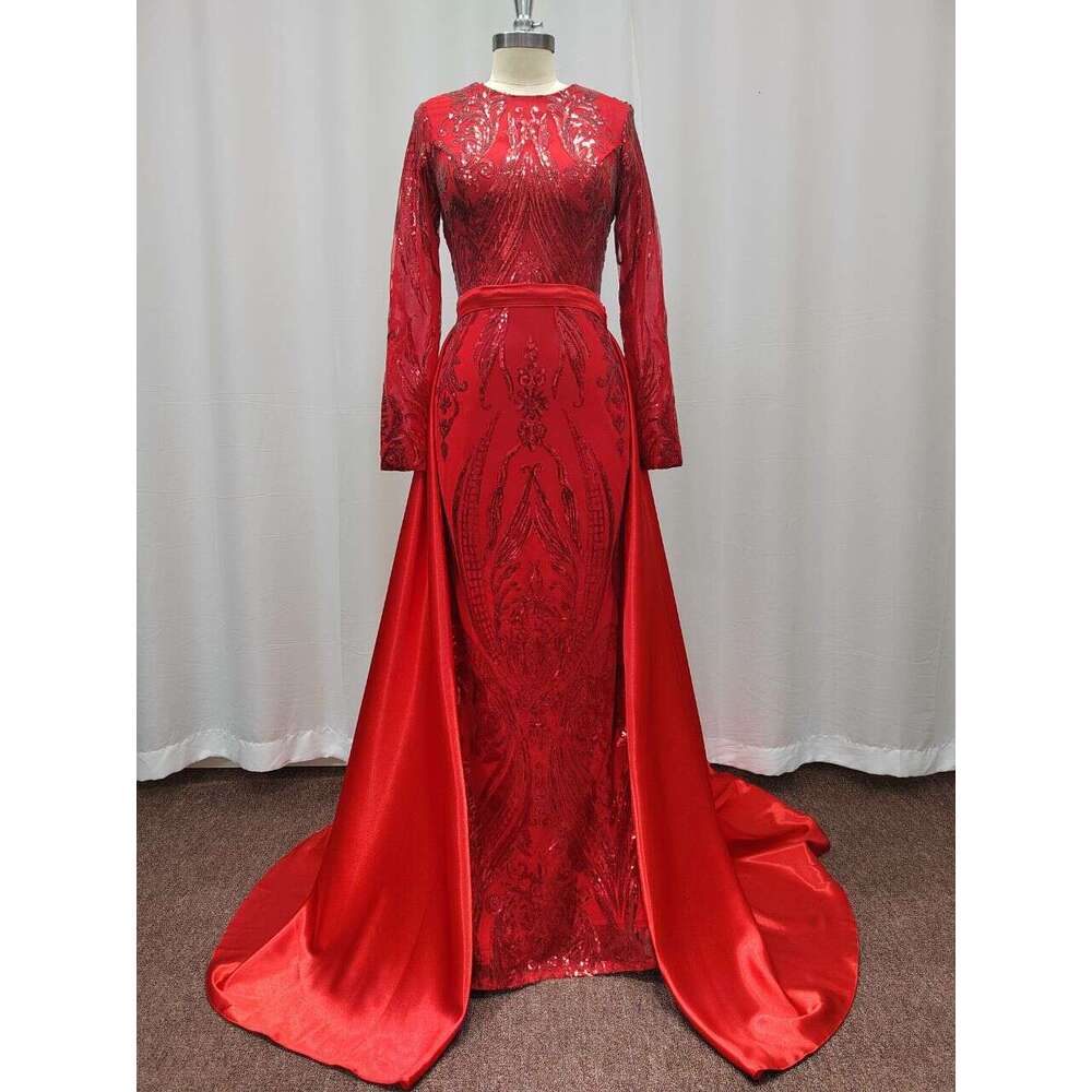 Red Sequined Evening Dresses Mermaid Long Sleeve Beading Detachable Satin Train Celebrity Formal Party Prom Gowns Vestido