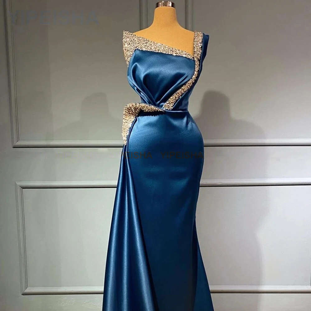 Blue Evening Dresses With Beads One Shoulder Satin Mermaid Long Prom Formal Party Gowns Crystals Arabic Robe De Soiree