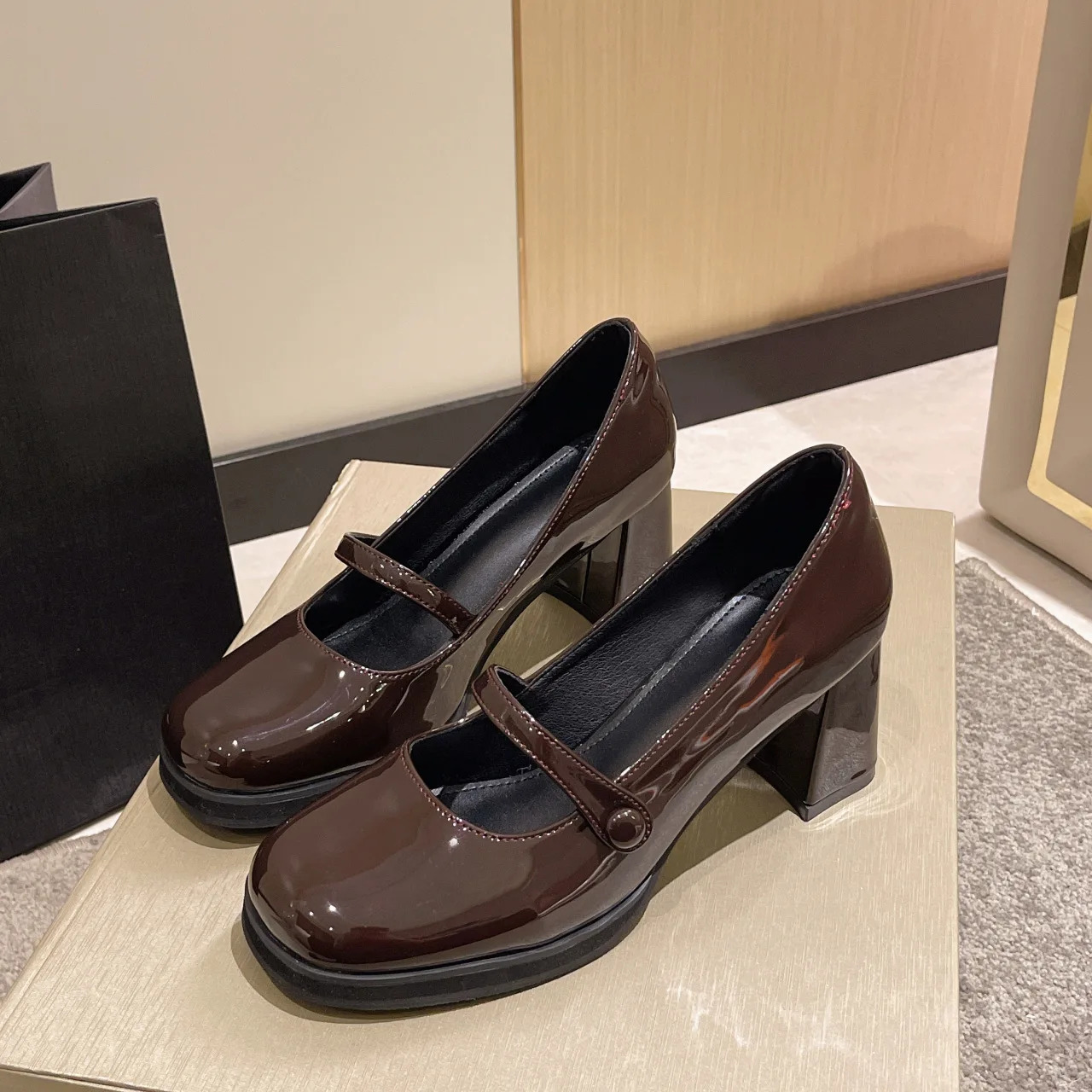 Women Autumn Black PU Leather Mary Jane Pumps Buckle Square Toe Shoes Female Med Thick Heels Single Shoe Zapatos De Mujer 240718