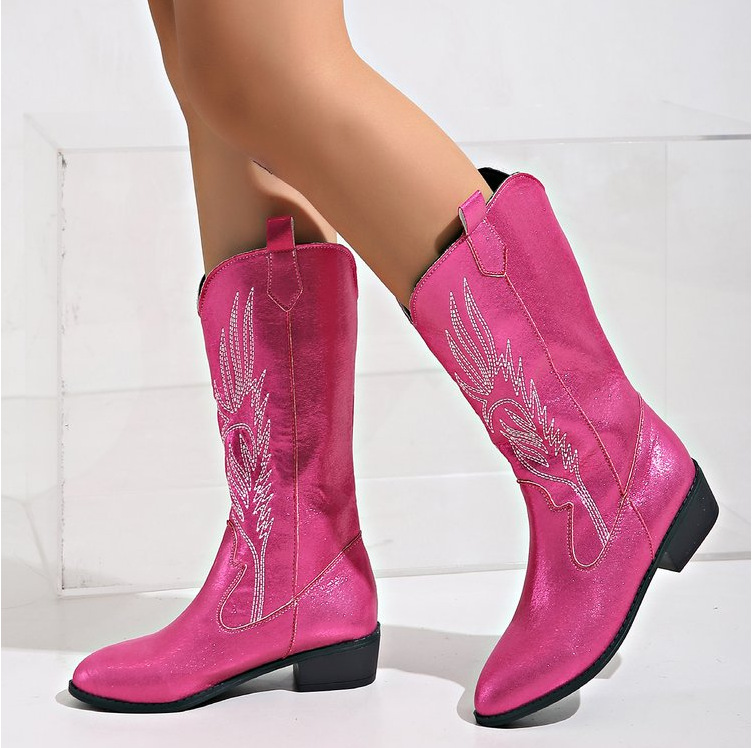 Embroidered Mid Calf Cowboy for Women 2023 Autumn Retro Chunky Heels Western Boots Woman Slip On Pointed Toe Cowgirl Shoes