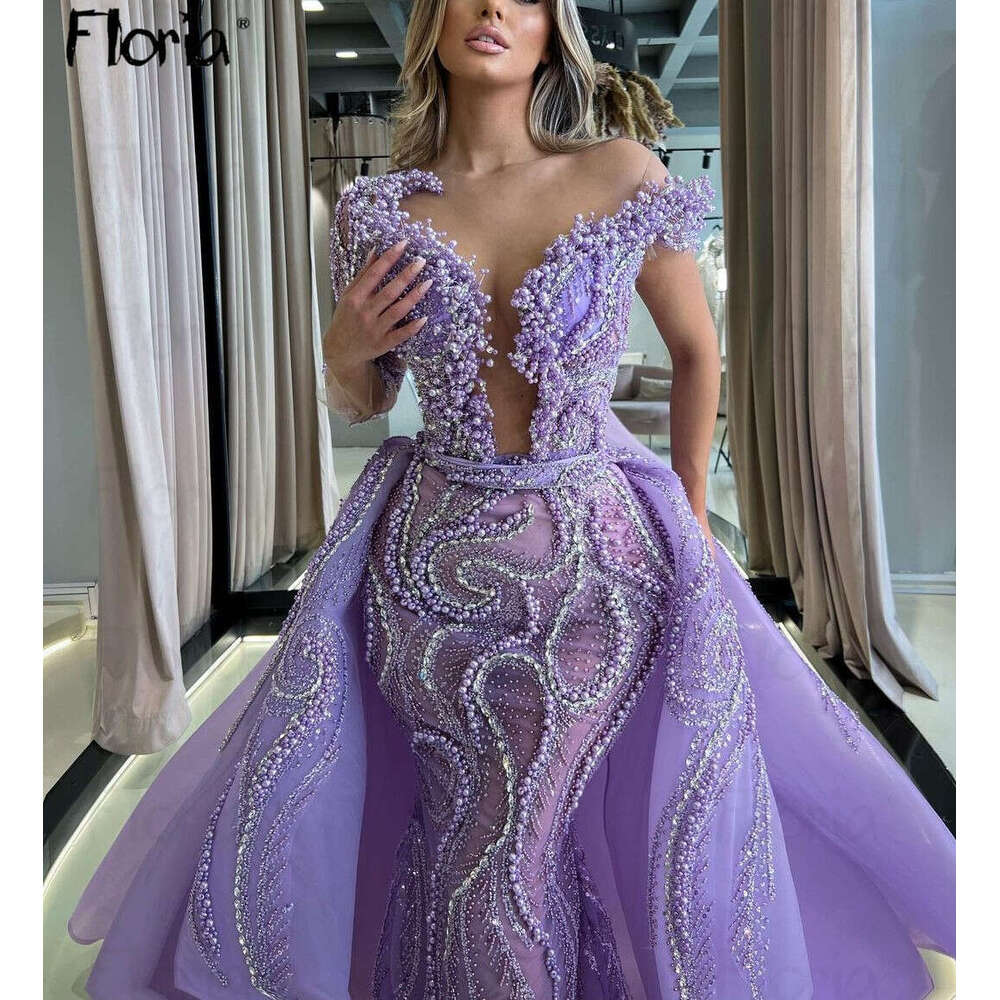 Gorgeous Lilac Deep V Neck Evening Dresses Heavy Handmade Beaded Mermaid Party Gowns Vestidos De Gala Customized 0719