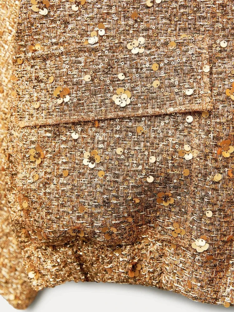 ZBZA Womens Sequined Bomber Jacket Fall Round Neck Long Sleeve Pocket Stretch Hem Sequins Coat Female Chic Outerwear 240715