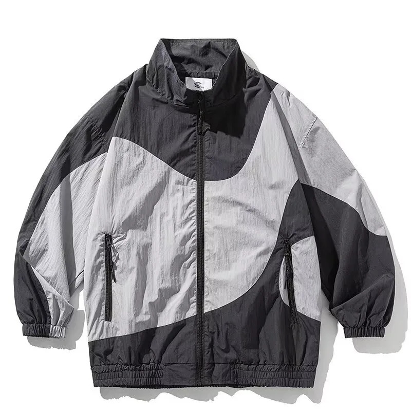 Retro Spring Jackets Men Women Color Block Stand Collar Loose Harajuku Y2k Coats Zip Up Street Unisex Hip Hop Zipper Outwear 240717
