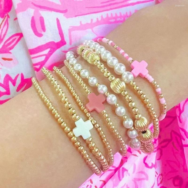 Charm Bracelets Vlen Cross Bracelet For Women Natural Shell Pearl Jewelry Stackable Gold Plated 18 K Waterproof Boho Summer Pulseras