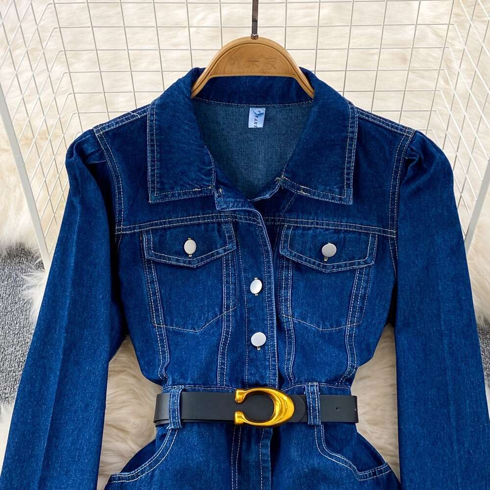 Cowboy Dress Autumn New Hong Kong Style Temperament Lapel Bubble Long Sleeved Waist Cinched A-line Slit Skirt Sexy Pregnant Womens Dress Denim Dress