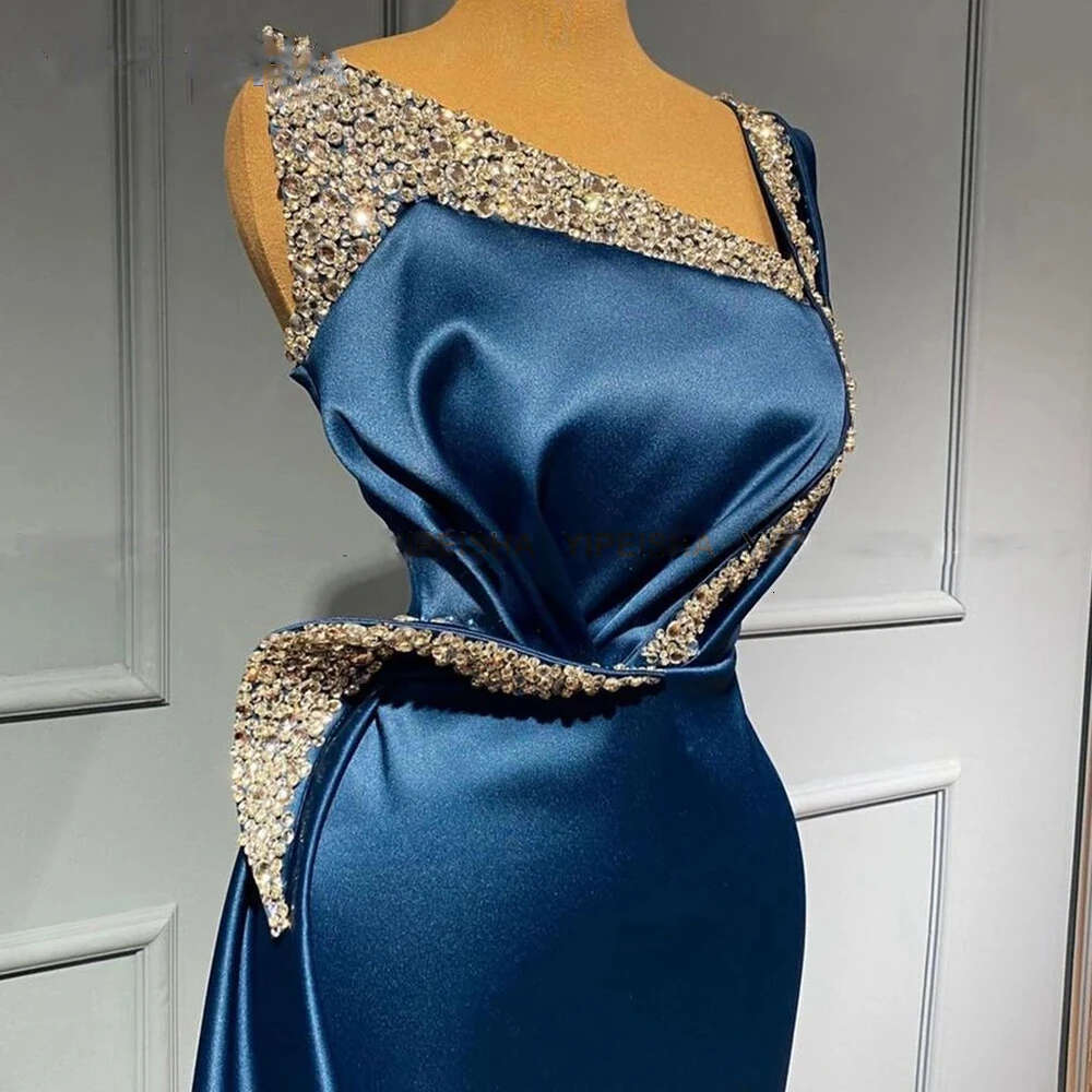 Blue Evening Dresses With Beads One Shoulder Satin Mermaid Long Prom Formal Party Gowns Crystals Arabic Robe De Soiree