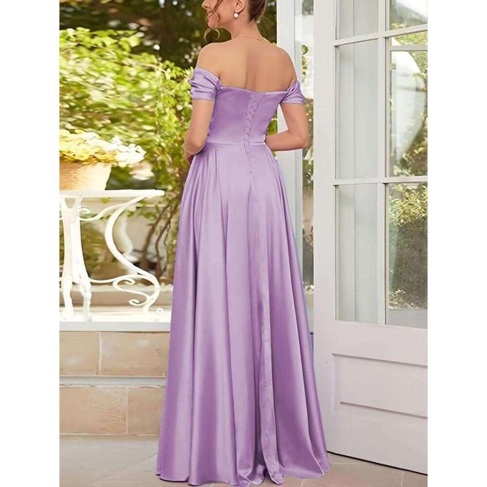 GDYBAO Women's Off The Shoulder Bridesmaid Dresses For Wedding With Slit Long Pleated Satin Prom Dress A-E Evening Gowns 0213