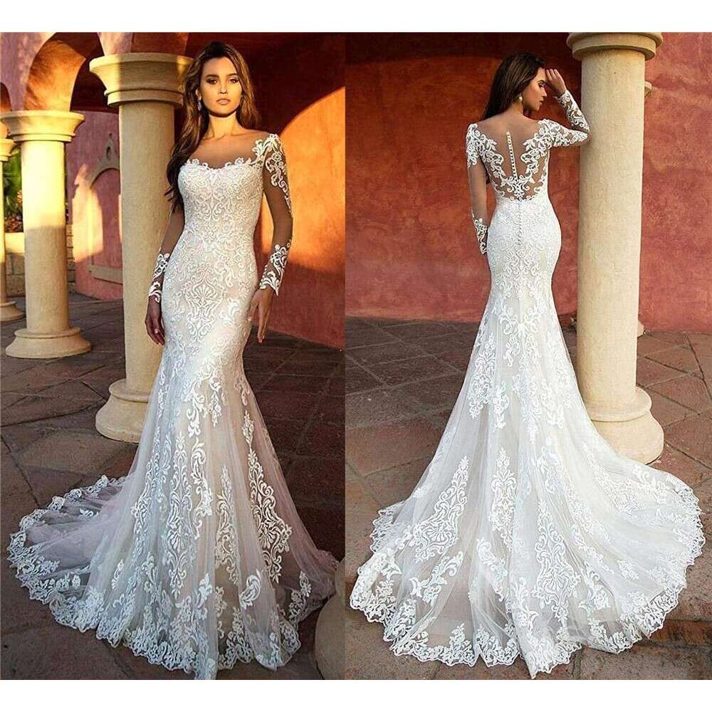 Mermaid Long Sleeve Lace Wedding Dresses For Women Elegant Designer Sweetheart Illusion Soft Tulle Bridal Gowns Vestido De Novia