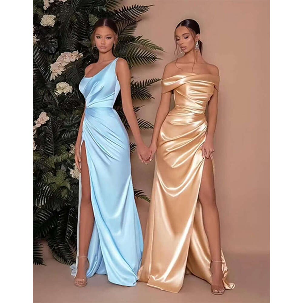 Champagne Satin Evening Dresses Women Off Shoulder Sexy High Split Ruched Bust Waist Pleat Prom Formal Party Gown Robe De Soiree