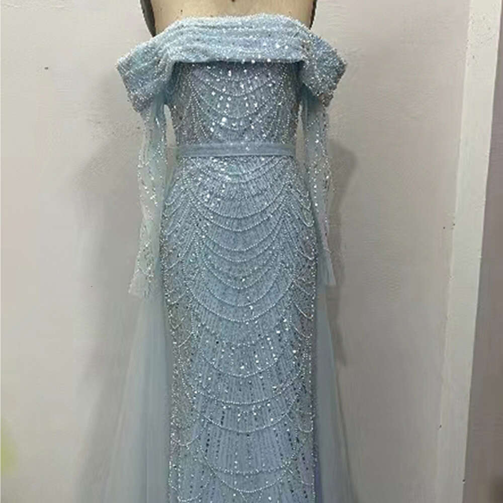 Gorgeous Blue Sequined Evening Dresses For Women Mermaid Dubai Boat Neck Beaded Arabic Vestidos Formal Party Gowns
