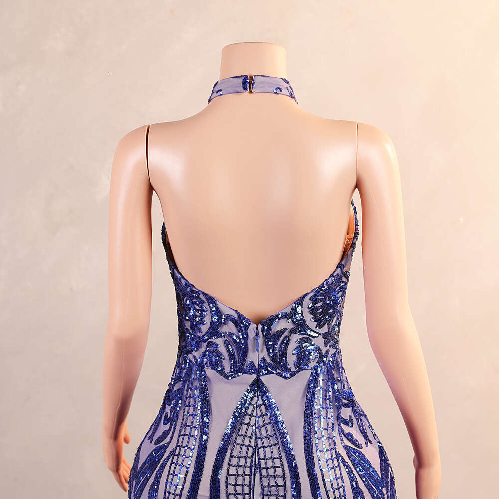 Glitter Lace Sequined Evening Dresses Royal Blue Sexy Halter Sleeveless Flowers Mermaid Formal Party Prom Gowns Robe De Soiree