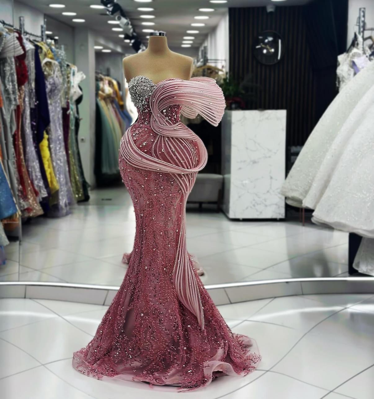 2024 Plus Size Blush Pink Mermaid Prom Dress Fulllace Promdress Crystals Evening Formal Party Second Reception Birthday Engagement Gowns Dresses Robe 