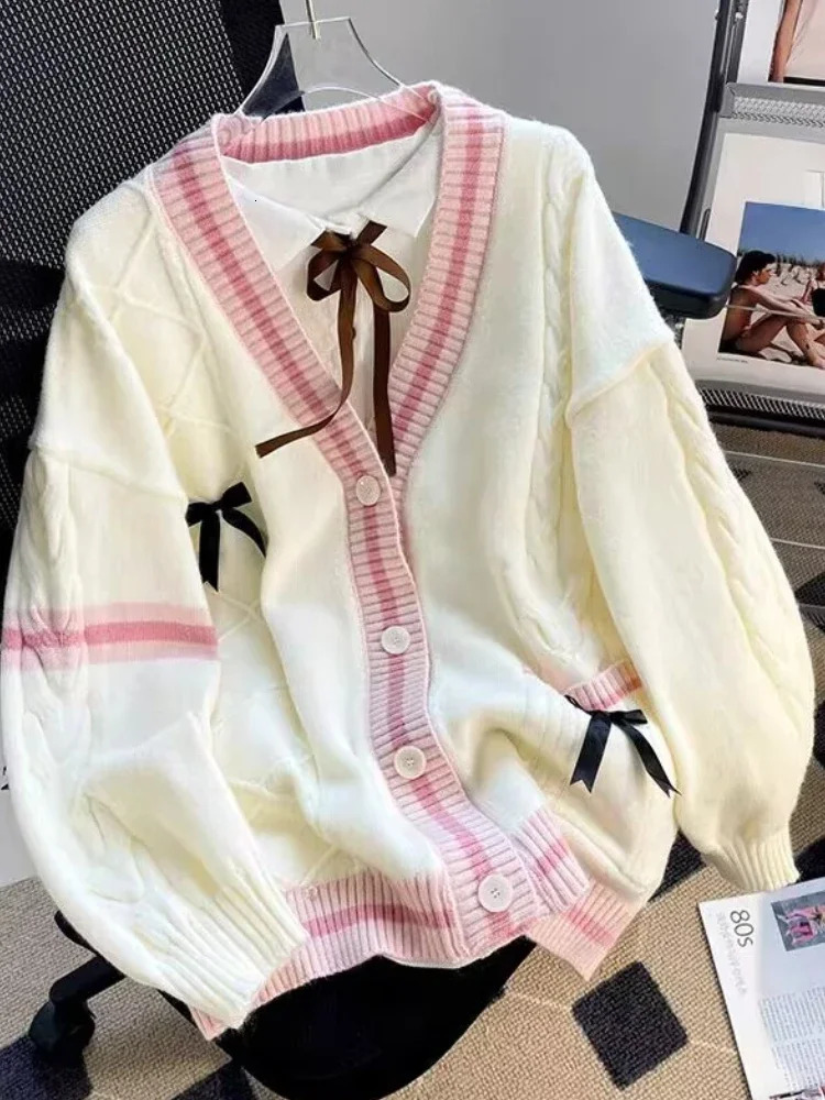 Sweet Bow Knitted Cardigans Y2k Aesthetic All Match Contrast Color Coats Fashion Single Breasted Women Kawaii JK Sweaters Jumper 240712
