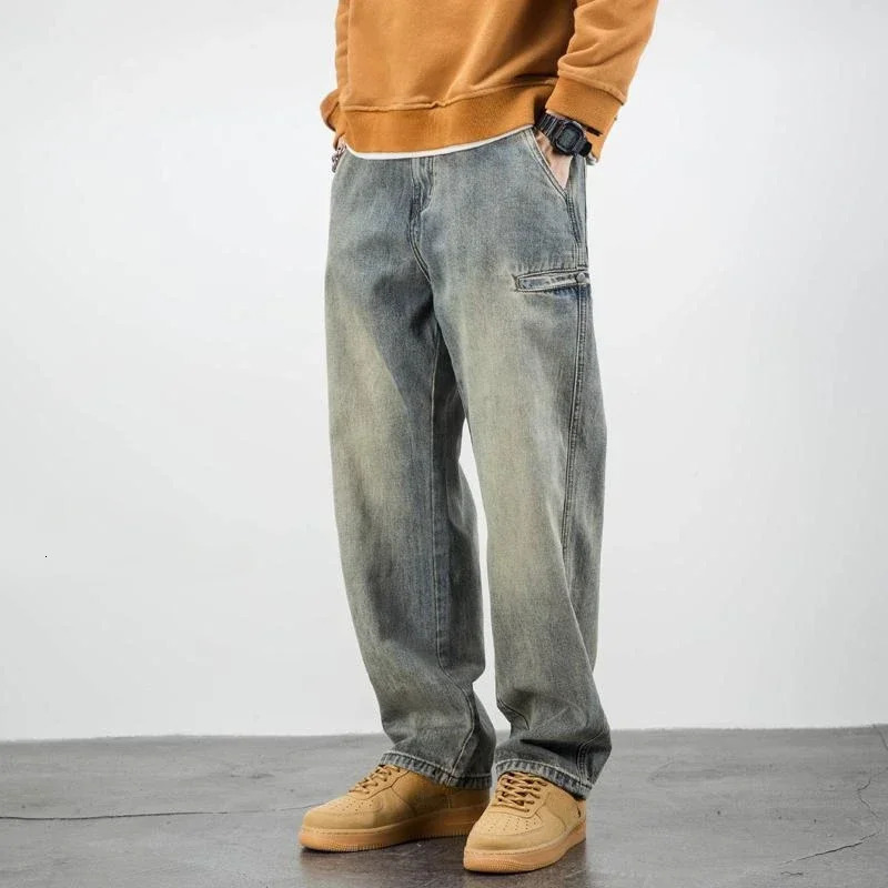 Trousers with Pockets Straight Male Cowboy Pants Vintage Jeans for Men Y2k Classic Loose Fashion Korean Autumn Baggy Xs 240712