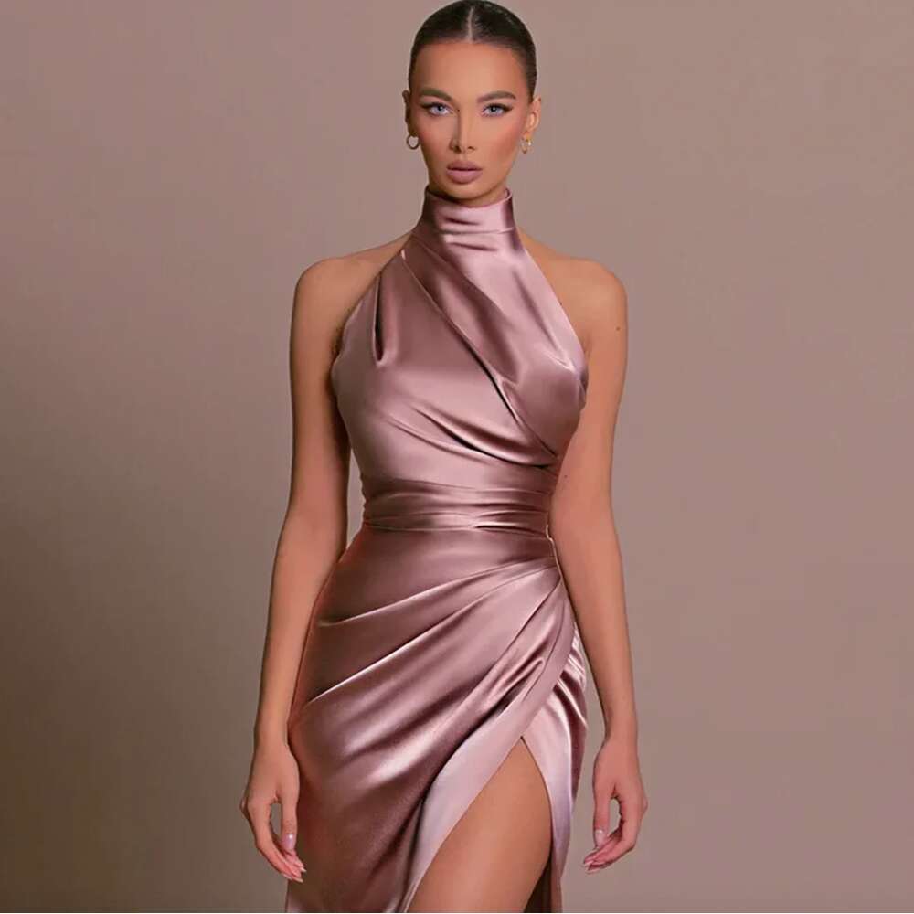Elegant Halter Evening Dresses For Women Satin Sexy High Split Ruched Bust Waist Pleat Prom Celebrity Party Gowns Robe De Soiree