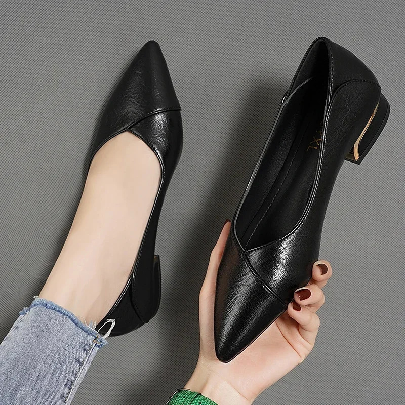 Spring and Autumn Single Shoes Women Thick Heel Pointed Toe Shallow Mouth Professional Allmatch Womens Leather 240718