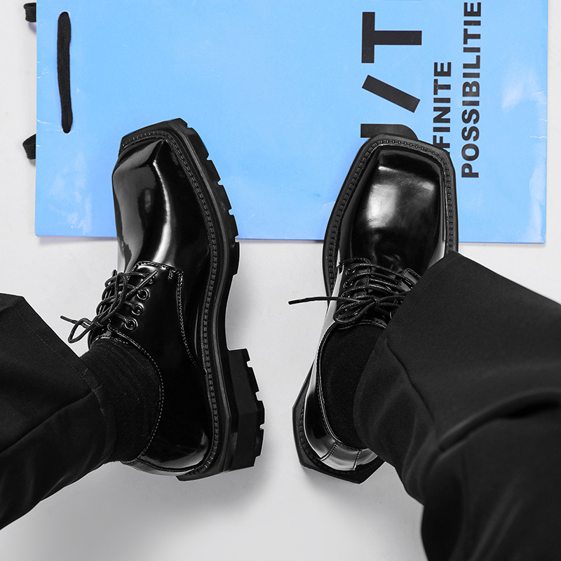 New square head Leather Shoes women Casual Men Formal Dress Thick Bottom Loafers Lace-up Black British Business Work Shoes 44