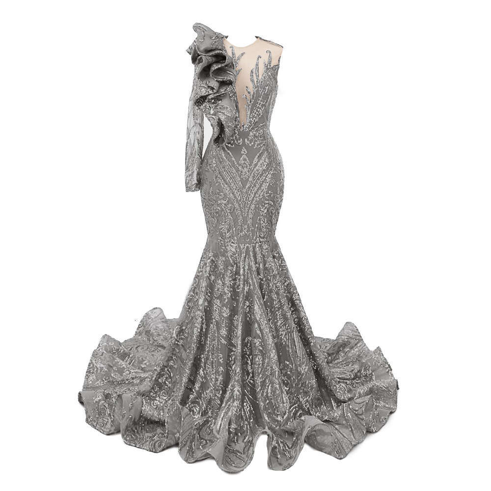 Vintage Royal Blue Lace Evening Dresses Deep V Neck Illusion One Shoulder Applique Ruffles Formal Party Prom Gown Robe De Soiree