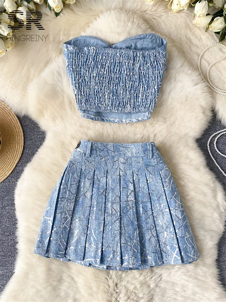 SINGREINY American Vintage Denim 2pcs Suits Women Sexy Ruched Strapless CamisoleSequins Pleated Skirt Shiny Lurex 2pcs Set 240708