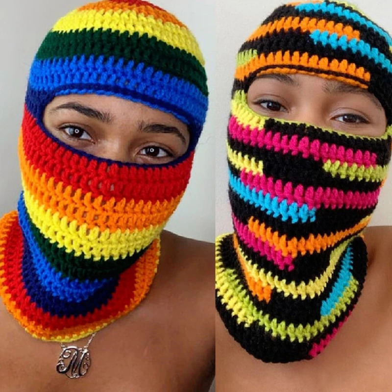 Rainbow Striped Balaclava Knit Balaclava Halloween Balaclava Hooded Hat Scarf Beanie Winter Skull Cap Beanie Neck Warmer 240712