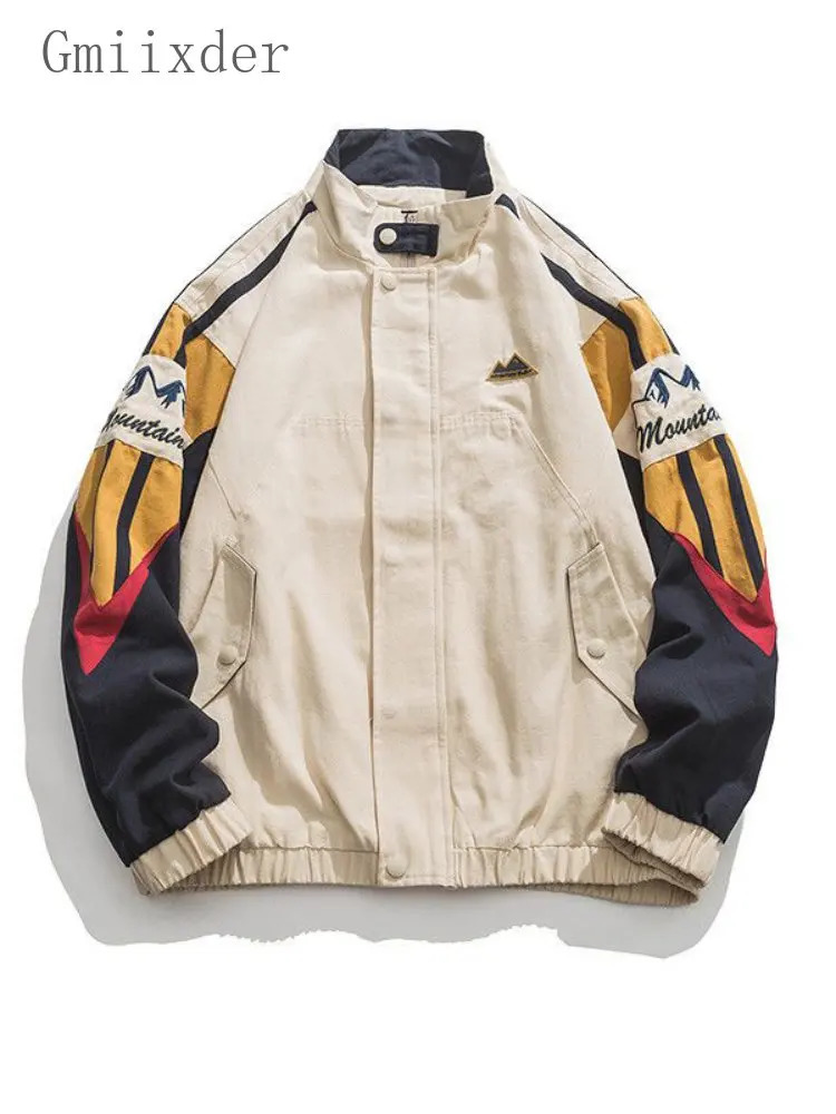 Gmiixder American Stand Collar Coat Men Autumn High Street Colorful Punching Jacket Unisex Oversize Patchwork Baseball Uniform 240717