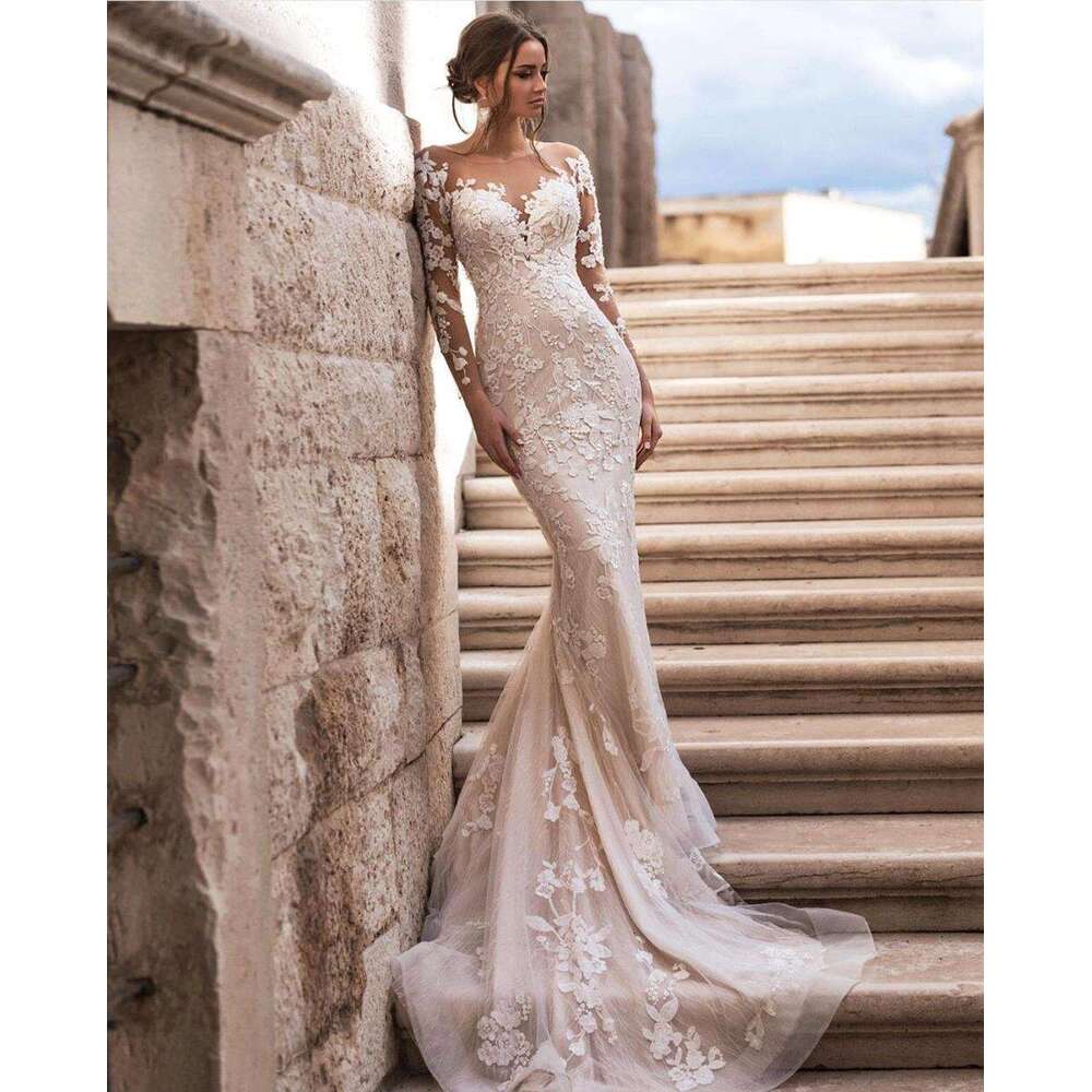 Romantic Detachable Train Mermaid Wedding Dresses Long Sleeves Bridal Gown Appliques Bride Robes Button Back Vestido De Noiva