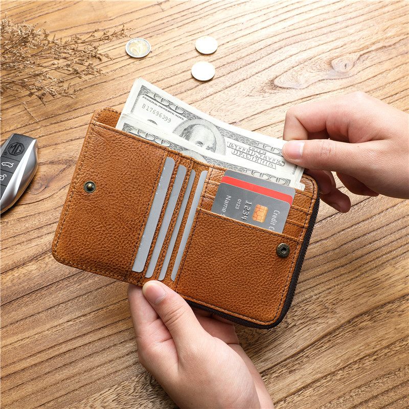 Genuine Leather Wallet For Men Women Original Cowhide Vintage Short Bifold Men's Purse Card Holder With Zipper Coin Pocket Bag