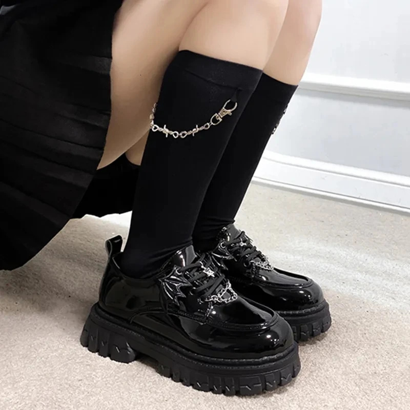 Fashion Metal Chain Mary Janes for Women Patent Leather Gothic Lolita Shoes Woman College Style Platform Jane 240718