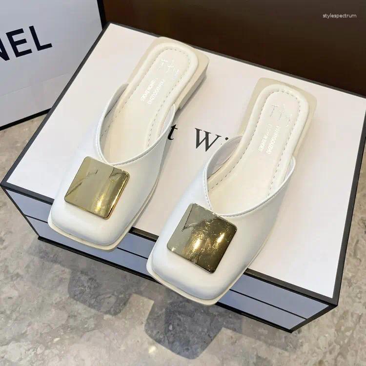 Slippers Brand Designer Women Fashion Metal Buckle Mules Flat Heels Square Toe Shallow Shoes Outdoor Slide Female Casual Sandal