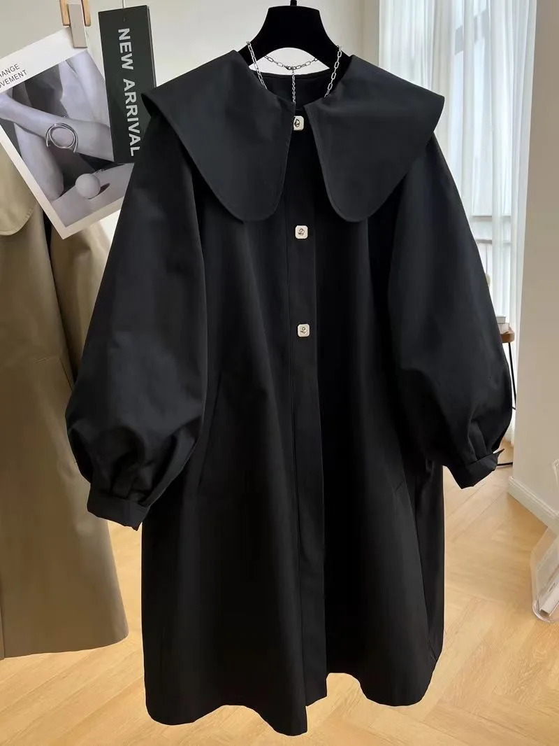 Trench Girls Autumn Doll Collar Windbreaker Coat Korean Solid Color Loose Middle Length Fashion Overcoat Button 240711