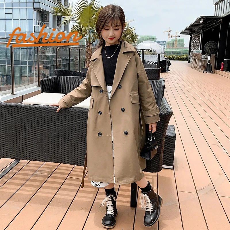 Spring Autumn Cotton Teen Girls Long Trench Coats Fashion England Style Windbreaker Jacket For Girls Children Clothing 240711