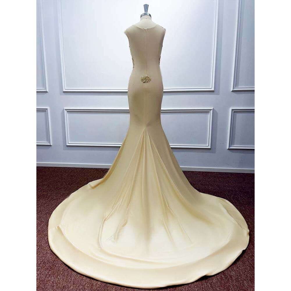 Champagne Satin Mermaid Evening Dresses Beaded Sequined Embroidery Ruffled Hem Formal Party Prom Gowns Vestido De Fiesta