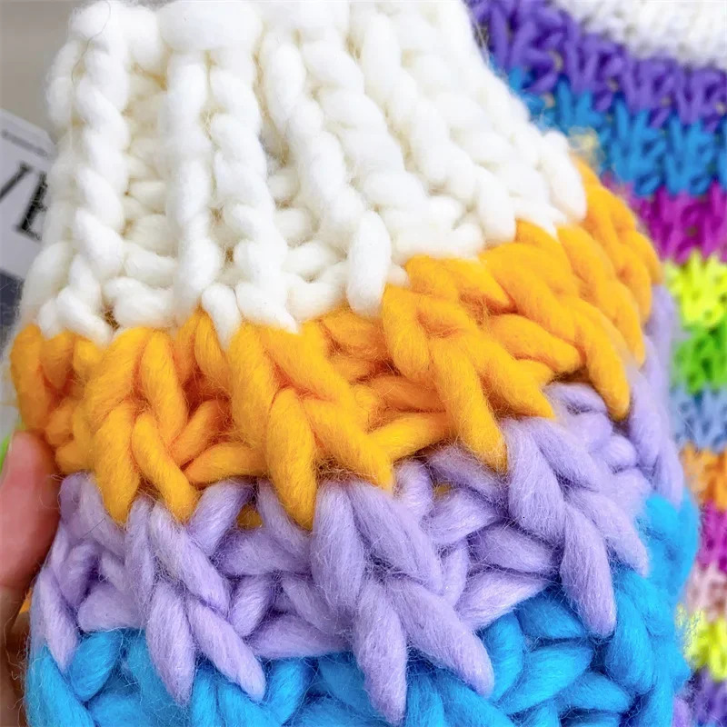 Women Handmade Rainbow Colorful Warm Chunky Knit Bulky Cardigan Autumn Winter In 240717