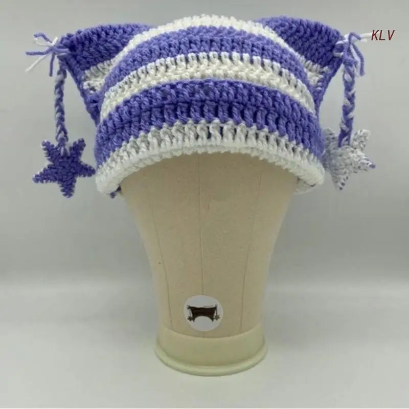 Color Matching Handmade Cat Ear Knitted Hat Fluffy Winter Warmer Knitted Hat Cold Winter Presents for Students Teenagers 240712