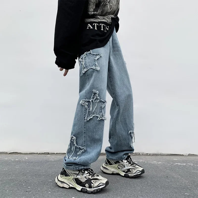 Fashion Stars Towel Embroidery Brown Men Jeans Pants Y2K Clothes Straight Hip Hop Cotton Trousers Pantalon Homme 240716