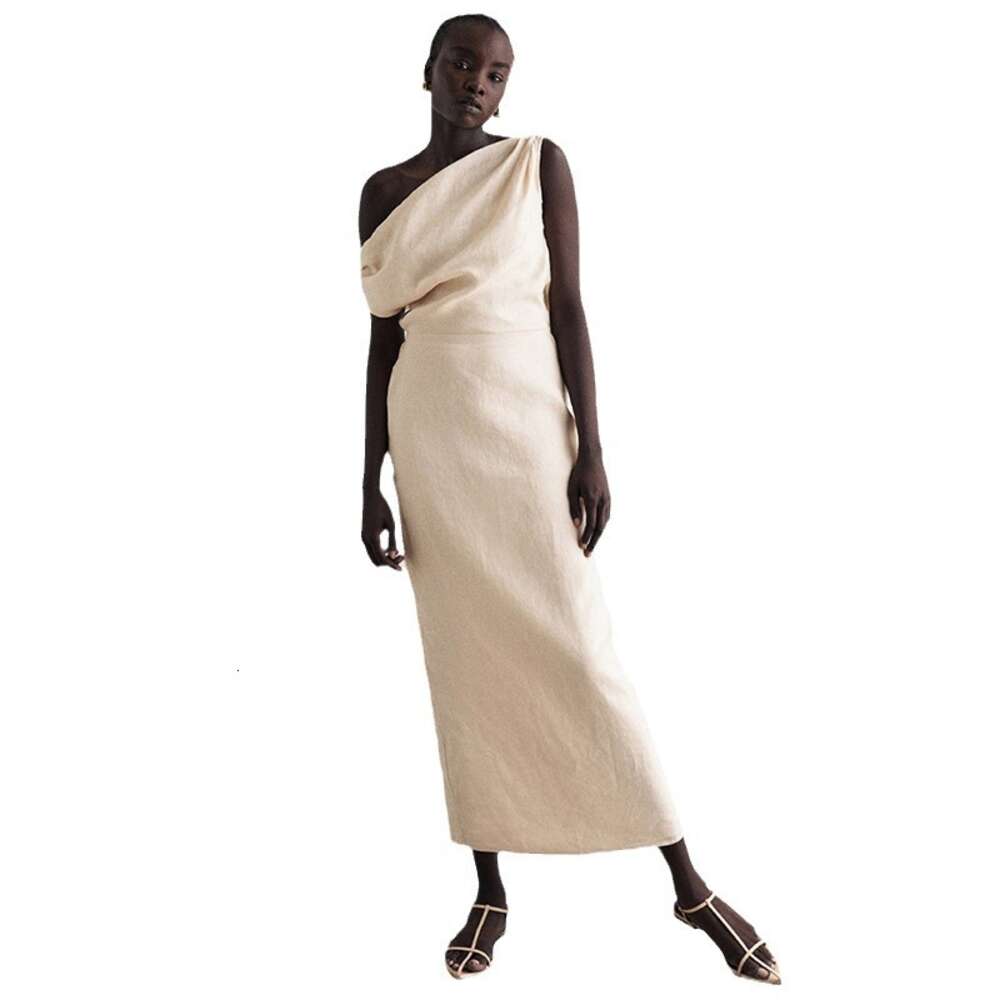 Australian Niche Dissh Linen Dress with Asymmetrical and Sexy One Shoulder Long Skirt Temperament Sexy Waist Short SKINNY DRESS Silk Dress