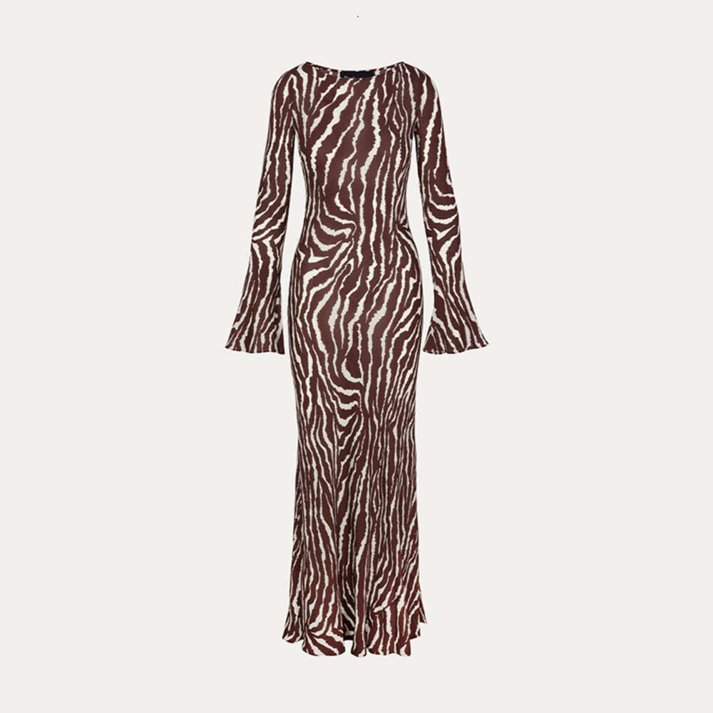 Summer New Zebra Animal Pattern Printed Silk Long Sleeve Dress with Vacation Style Self Cultivation Waist Novelty Short Sexy Lace Dress Denim Dress De