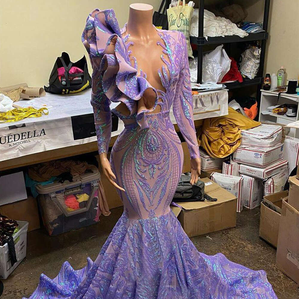 Sleeves Long Purple African Mermaid Women Evening Dress Lace Sequined Sexy Deep V Neck Prom Gown For Black Girls Formal Ocn mal