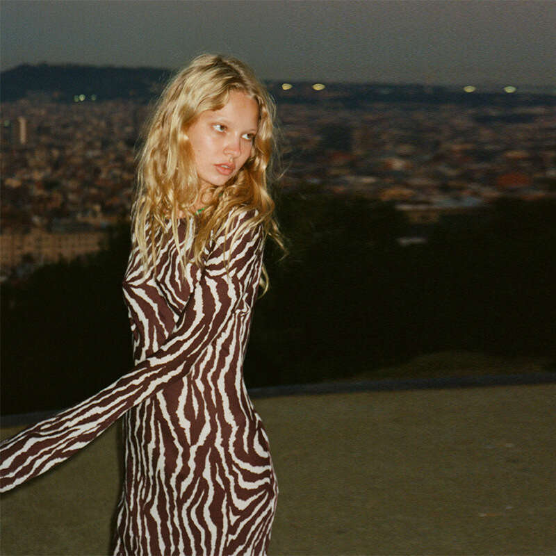 Summer New Zebra Animal Pattern Printed Silk Long Sleeve Dress with Vacation Style Self Cultivation Waist Novelty Short Sexy Lace Dress Denim Dress De