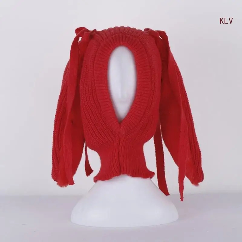 Winter Windproof Balaclava Hat Solid Color Long Rabbit Ears Bow Knit Scarf Collar Hat Earflap Bomber Hat for Women 240712
