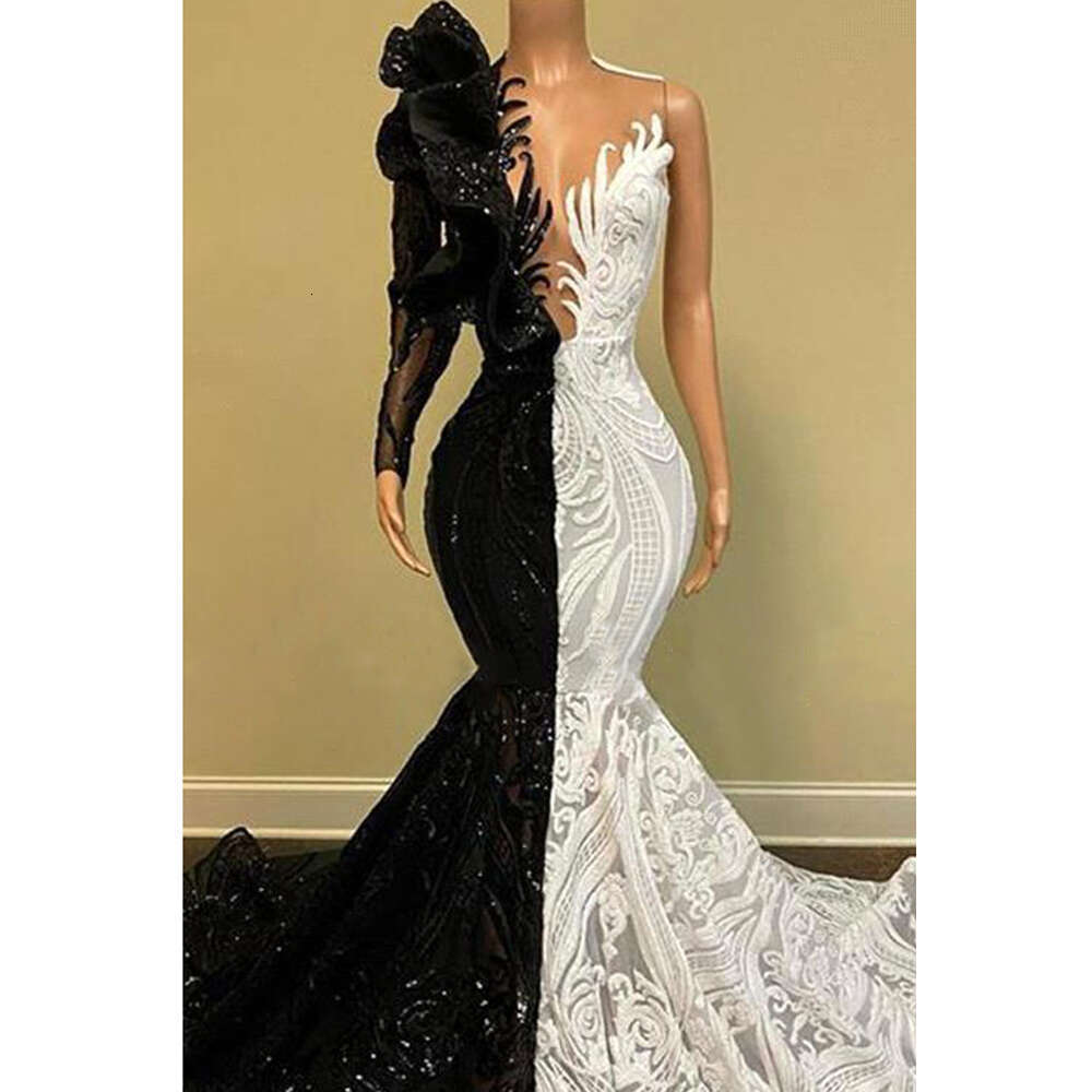 One Shoulder Mermaid Evening Dress For Women Sexy Deep V Neck Black White Contrast Color Lace Shiny Sequined Prom Gown Vestidos